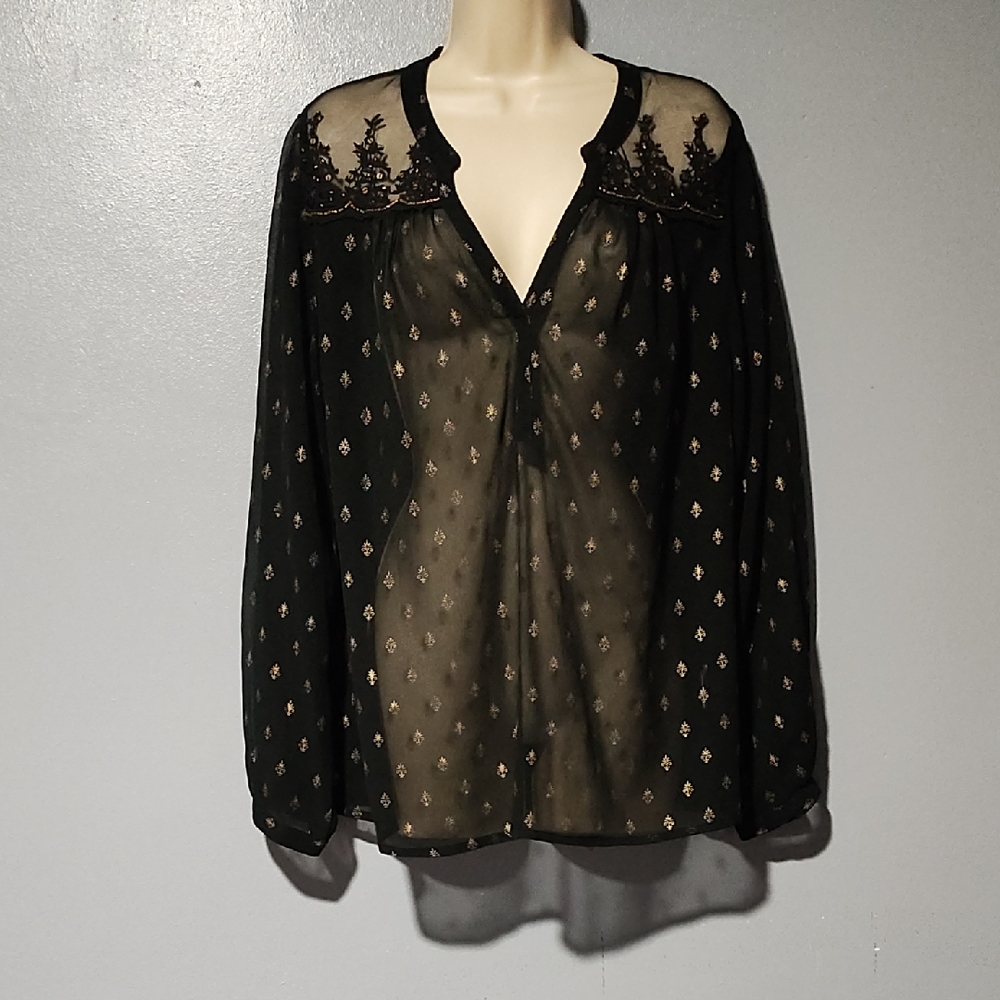 Bila Elegant Black And Gold Sheer Women's Top Size Large